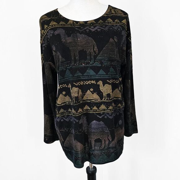 Las Cafa Tops - Vintage Las Cafa Medium 90s Desert Oasis Long Sleeve Black Pyramid Camel Shirt